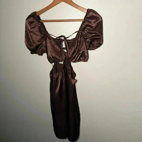 NWT H&M satin puff sleeve mocha brown mini  dress S - Picture 3 of 6